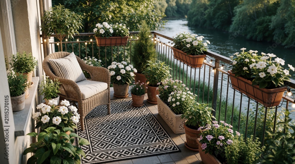Obraz premium Cozy apartment balcony with wicker chair, striped cushion. Potted flowers, rich plants decorate small terrace. String lights glow near metal railing overlooking river view. Relaxing outdoor space for