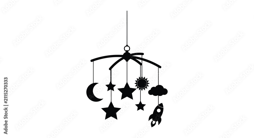 Fototapeta premium Black silhouette of a baby crib mobile with space themed shapes like stars moon and a rocket