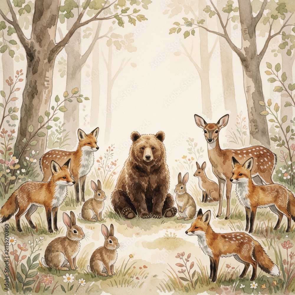 Fototapeta premium Cute woodland creatures bear deer fox rabbits gather together in a soft pastel forest setting. Watercolor illustration evokes gentle nature friendship and wild animals in harmony.