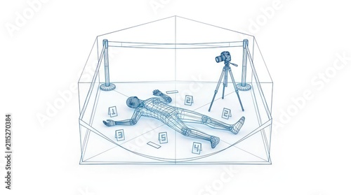 Crime scene investigation with outline of body and evidence markers