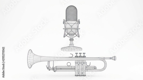 Vintage microphone and musical instrument wireframe for audio recording concept