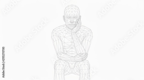 Conceptual figure deep in thought contemplating a complex idea with hand on chin