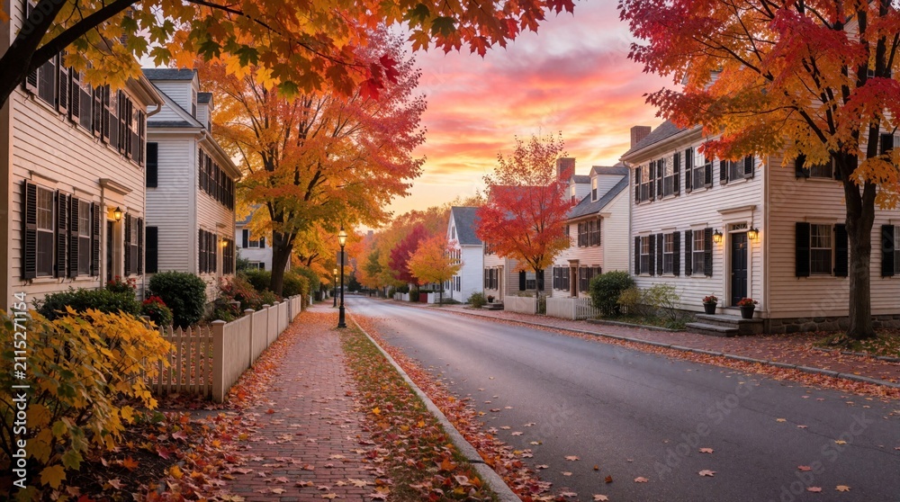 Fototapeta premium Quaint New England street lined with historic colonial homes and vibrant autumn trees. Colorful leaves carpet the brick sidewalk and road under a dramatic sunset sky.