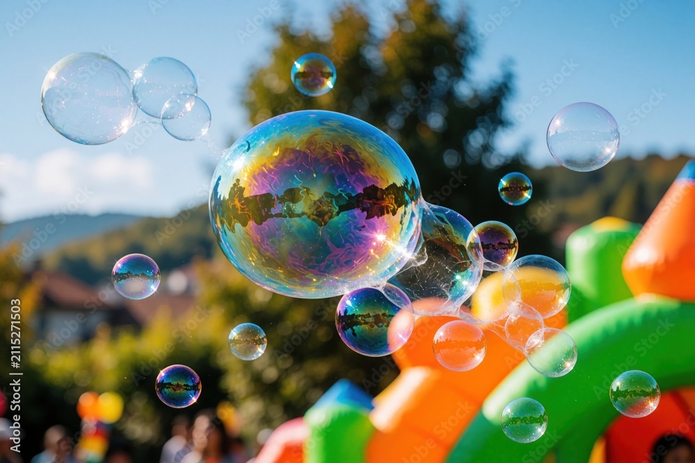 Obraz premium Many colorful soap bubbles float in air outdoors during summer festival. Transparent spheres fly over playground with inflatable bouncy castle. Light reflects on shiny surface of big bubble globes.