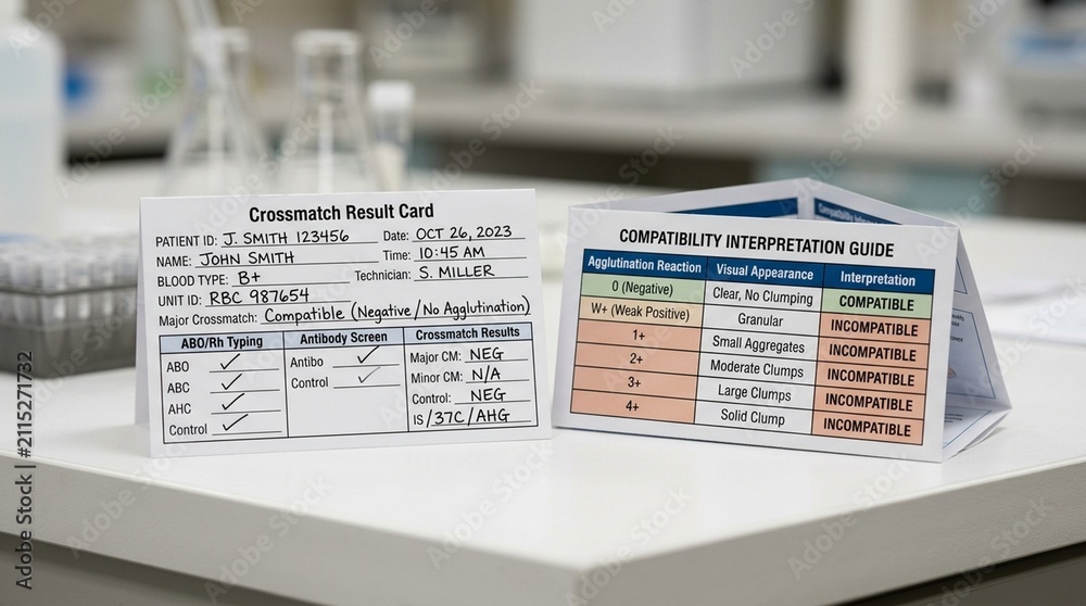 Obraz premium Crossmatch result card resting beside a folded compatibility interpretation guide, blood typing and immunohematology laboratory concept
