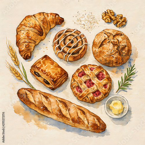 Assortment of freshly baked french pastries including croissants, baguettes, and fruit tarts with walnuts and wheat on a light background