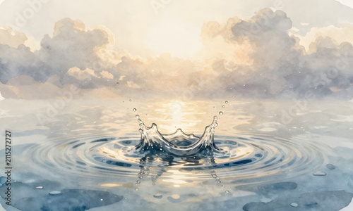 Droplets of Rain on a Calm Lake with Sunset in the Background