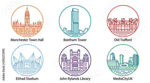 Manchester landmark badge set with colorful gradient line art vector illustration featuring iconic architecture and stadium attractions