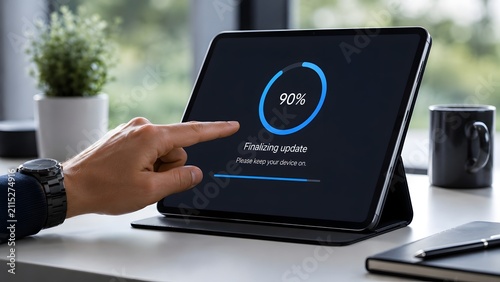 Hand touching tablet screen displaying finalizing software update progress bar on modern office desk
