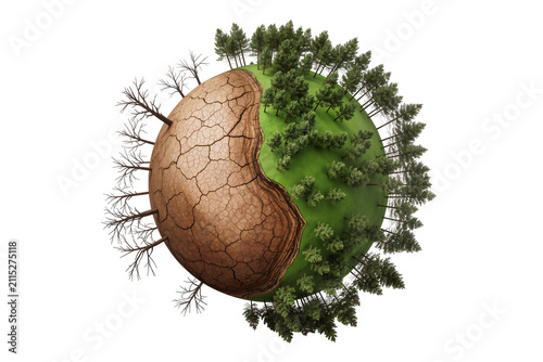 Cuadro en lienzo Isolated planet showing lush green forest and dry cracked land environmental con
