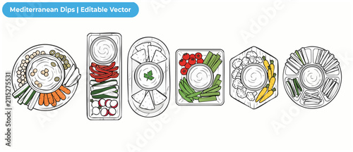 Obraz na płótnie Mediterranean dips vector hummus platter set with fresh vegetable snacks tzatzik