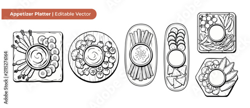 Fotografie Appetizer platter vector line art set of vegetable tray snack boards with dips, fresh crudites, carrots, tomatoes, broccoli, celery, and chips top view flat lay illustration design element templates
