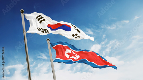Cuadro en lienzo South and North Korea flags against blue sky background