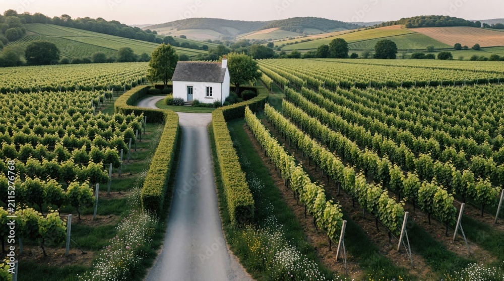 Obraz premium Small white house stands in middle of green vineyard. Paved road leads to cottage surrounded by grape rows. Rolling hills extend in distance under summer sun. Rural landscape provides calm atmosphere