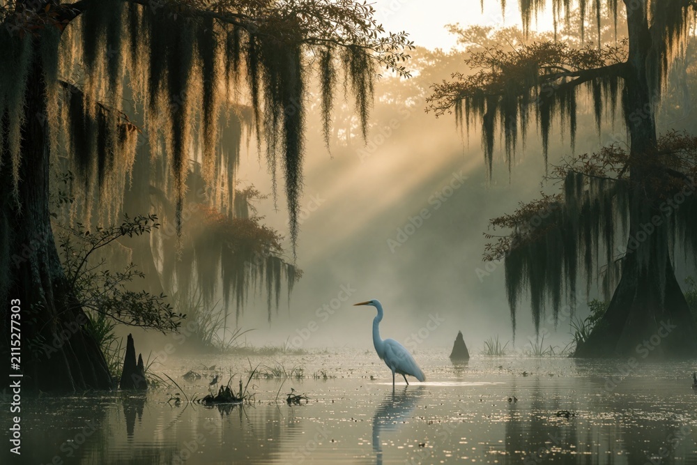 Obraz premium White egret stands in calm swamp water during sunrise. Great bird wades through misty Louisiana bayou with tall cypress trees, hanging spanish moss. Gold sunlight rays shine over tranquil wetland