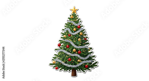 Decorated Christmas tree with ornaments and star top isolated on transparent background