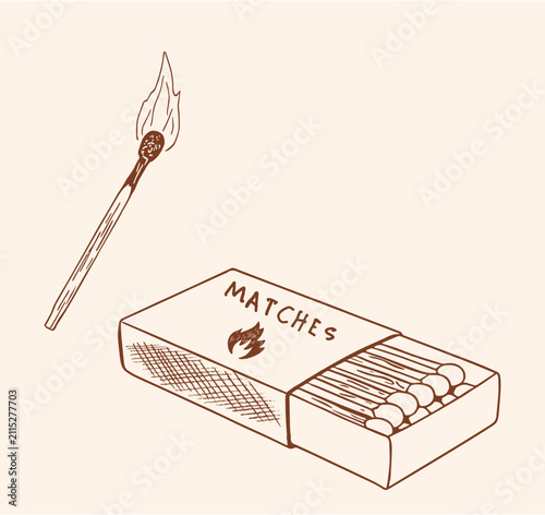 Minimalist hand-drawn line art vector illustration of a burning lit match and an open matchbox filled with matches on a warm cream background, ideal for creative projects.