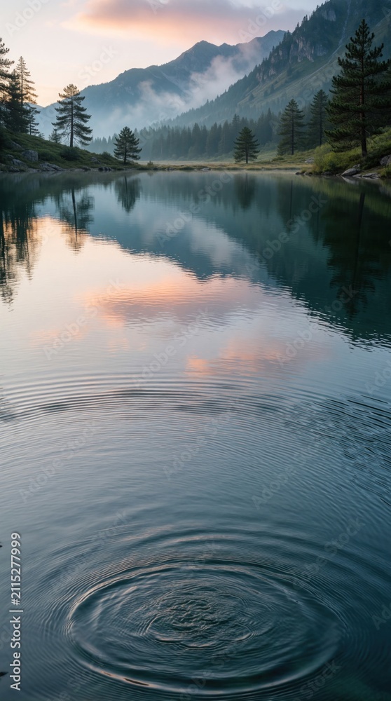 Obraz premium Calm mountain lake reflects soft sky colors and mist shrouded peaks. Gentle ripples spread across smooth water surface. Serene landscape at dawn or dusk offers peaceful atmosphere.