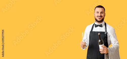 Fotografie Smiling young male waiter in black apron holding a wine bottle and empty glass o