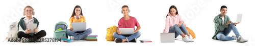 Diverse group of students with laptops tablets and backpacks education and te...