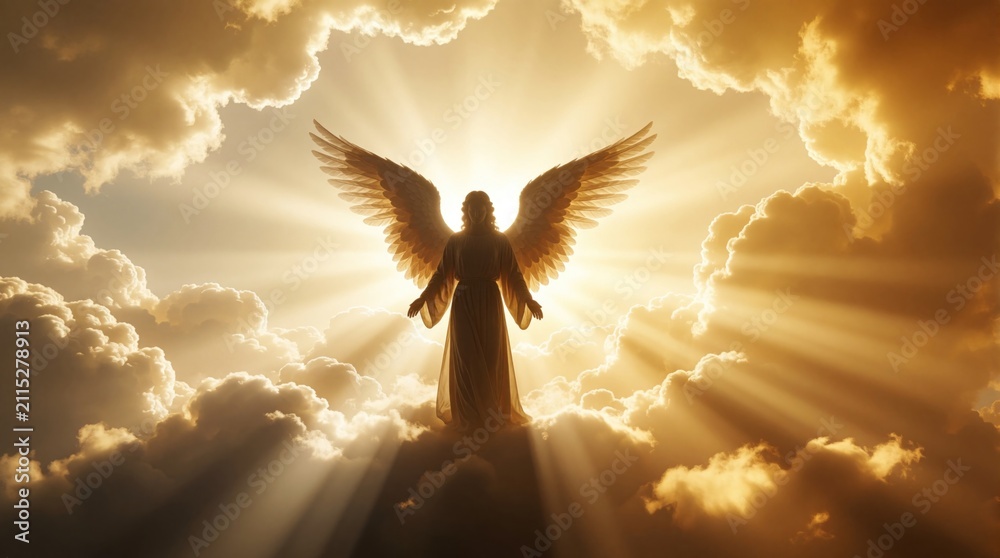 Naklejka premium Golden light silhouette of angel with large wings stands amidst bright fluffy clouds. Divine figure appears in warm sky rays. Ethereal spirit personifies heaven peace, hope. Religious memorial