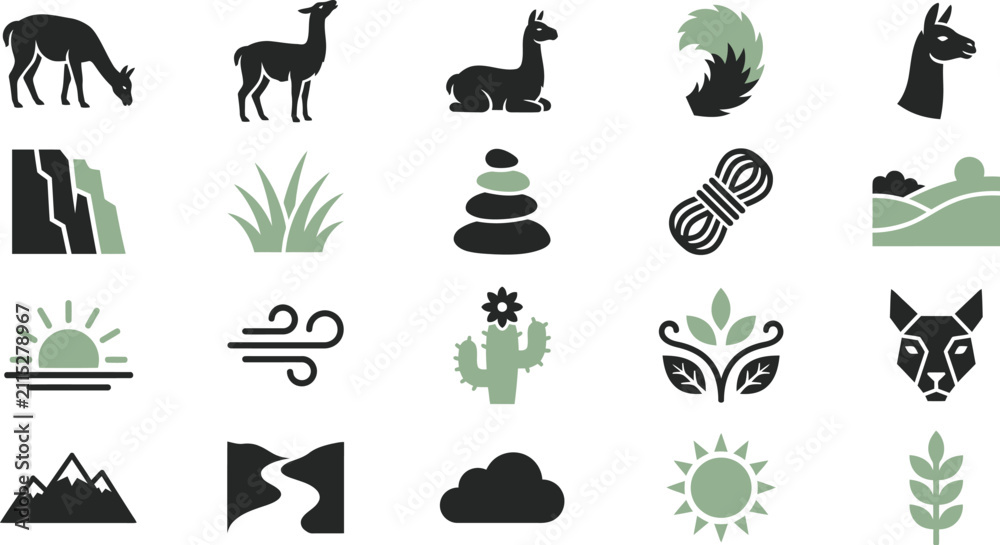 Fototapeta premium Vicuna and Andean nature icon set. South American wildlife and landscape vector symbols.