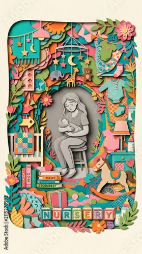 Nursery papercraft illustration of motherhood and infant, parenting babycare decor with family love, nurturing newborn maternity cradling childcare
