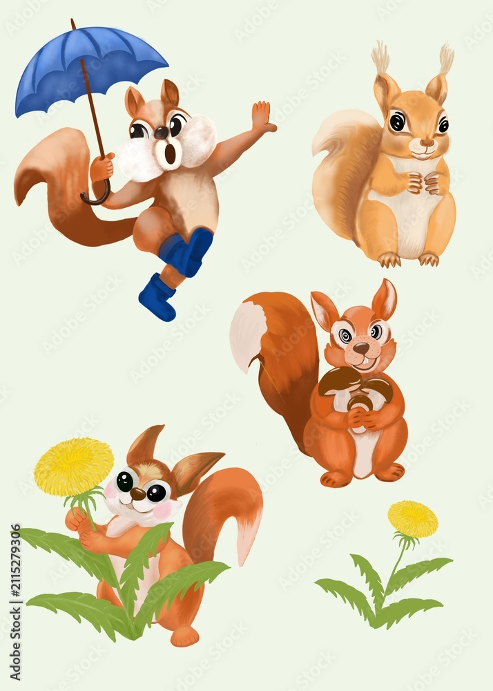 Fototapeta premium Set of stickers featuring a squirrel against a background