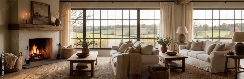 Obraz premium Living room has roaring fireplace, large window with countryside view. Furniture is cozy with plush sofas, rustic wooden tables. Natural light streams in creating warm atmosphere perfect for relaxing.