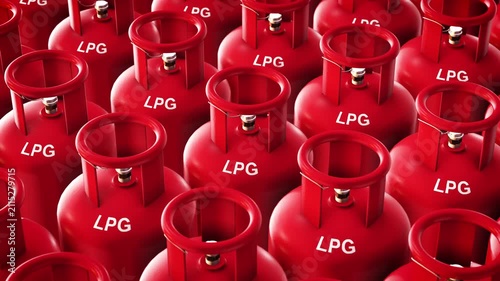 Red LPG Gas Cylinders in Rows with Horizontal Pan shot