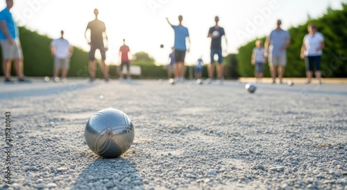 Group of man and woman playing petanque on outdoor court. Metal boule ball on ground during leisure game. Outdoor recreational activity with friends and social sport competition.