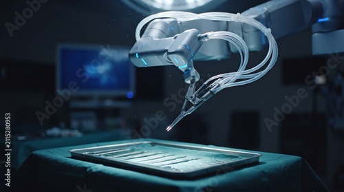 Close up of a robotic surgical arm with precision tools in a high tech operating room setting with procedure sterile environment multiple articulated joints