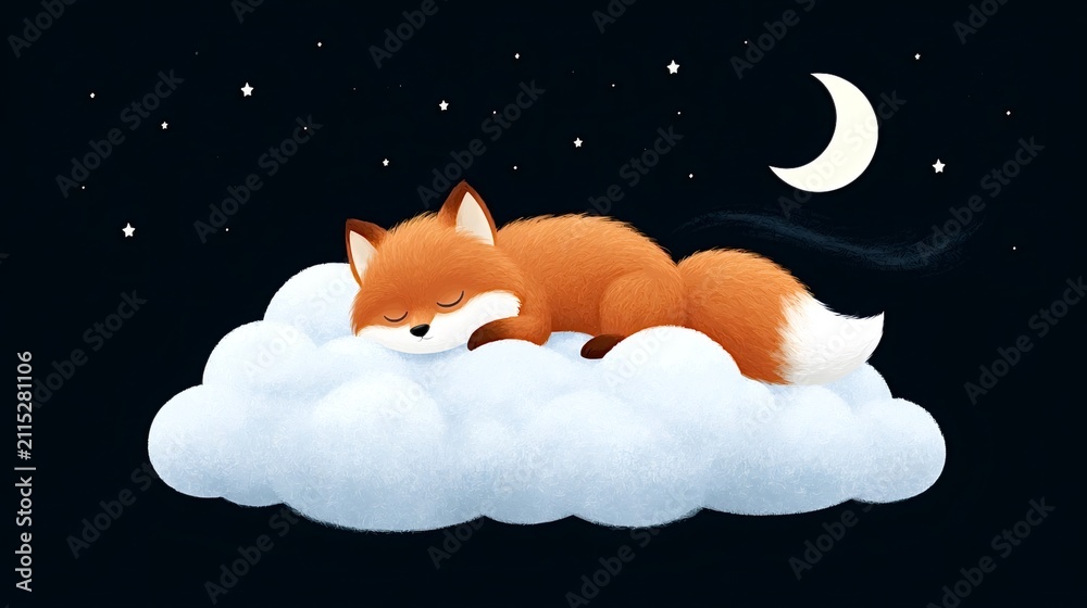 Fototapeta premium Adorable foxy creature sleeping soundly on a soft white cloud in a dark night sky, surrounded by small shining stars and a crescent moon, evoking sweet dreams and peaceful rest