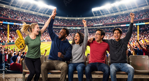 Diverse Group of Friends Cheering at Baseball Stadium Night Game