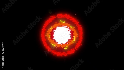 Retro pixel art explosion animation, 8-bit style fire blast effect on black background, vintage arcade game burst of red and orange flames