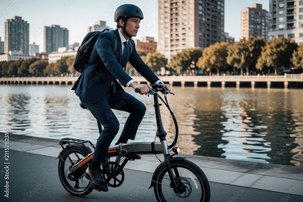 Obraz premium Businessman in suit rides folding electric bicycle by water. He wears helmet and backpack, commuting to work in city. Modern urban transport solution for busy professional.