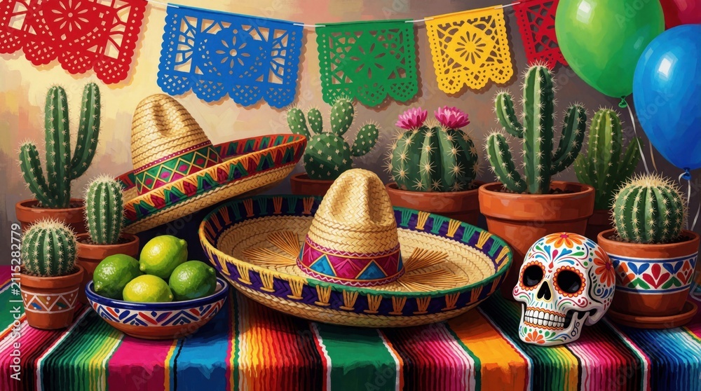 Obraz premium Colorful Mexican fiesta celebration scene features traditional sombreros, various cacti in pots. Decorative papel picado banners hang above festive table set with sugar skull, limes. Bright balloons,