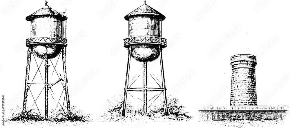 Obraz premium Vintage hand drawn water tower rooftop and chimney set for architectural background poster and label design