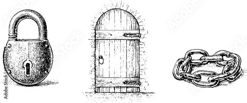 Set of hand drawn vintage padlocks arched wooden door and chain for security illustration and background design