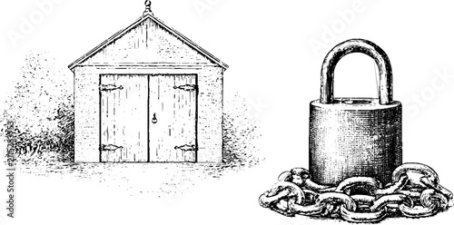 Hand drawn warehouse door with padlock and heavy chain illustration set for industrial background and security design