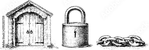 Hand drawn shed door padlock and chain trio vintage industrial illustrations for security background and design elements