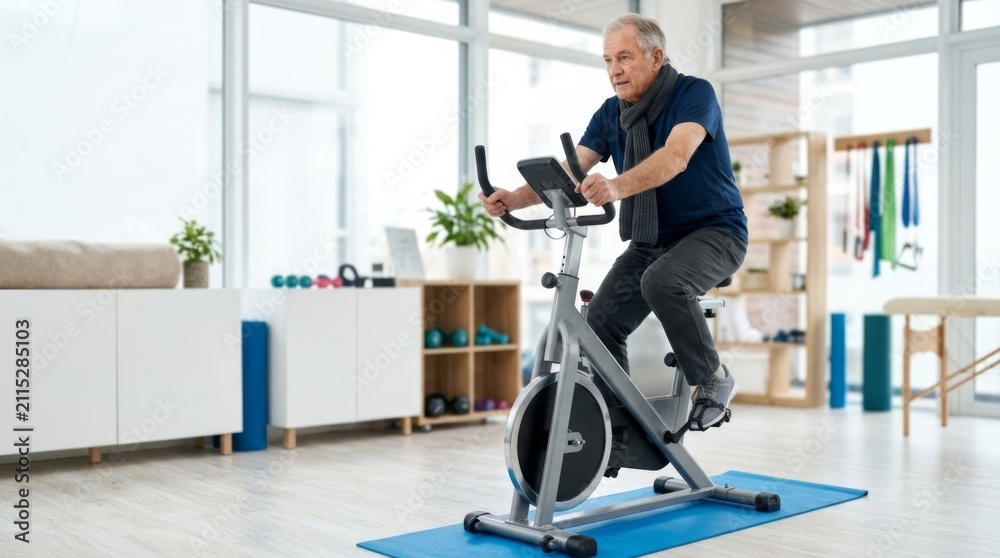 Fototapeta premium Elderly Man Cycling in Bright Therapy Gym, Focus on Senior Health and Wellness