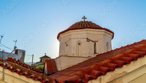 Vathy, Greece - July 25, 2026: View of a small church in Vathy on Samos Island, showing traditional Greek Orthodox architecture, and simple church facade