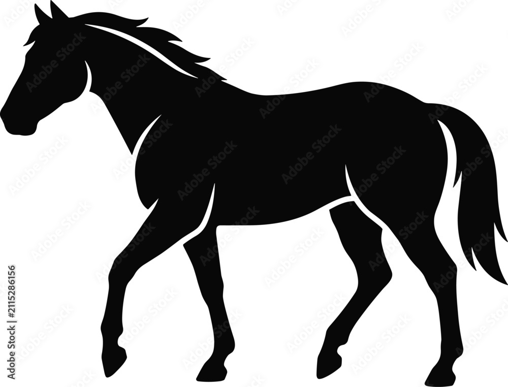 Obraz premium Black silhouette of a horse standing in profile, elegant equine animal graphic design element for equestrian sports or farm branding