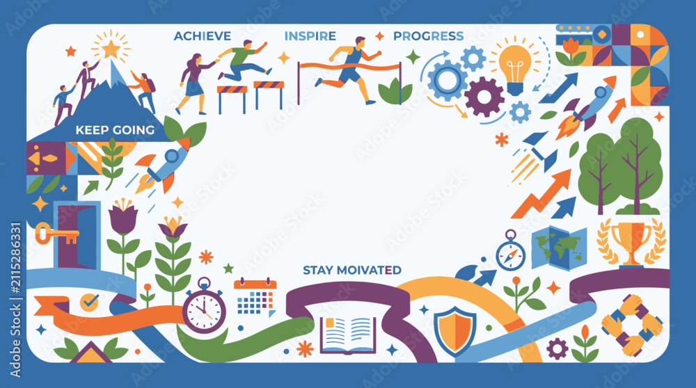 Fototapeta premium Success and personal growth motivation border with climbing icons.