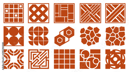 Set of abstract geometric terra cotta brown tile patterns and paving textures in square vector design elements