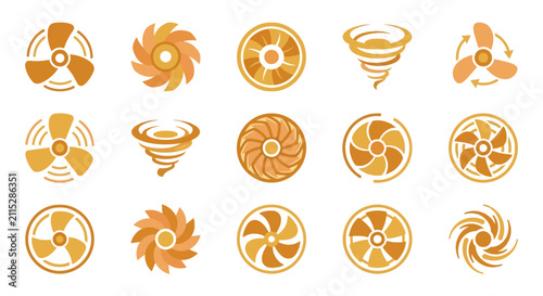 Collection of orange fan and tornado vector icons illustrating wind power air movement and ventilation concepts