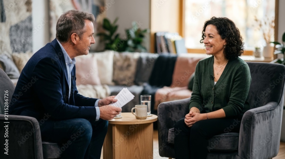 Fototapeta premium Man interviews woman in cozy armchairs during talk show with shallow depth of field and copy space