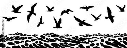Seagulls flying over the sea isolated on a transparent background, black silhouette illustrations