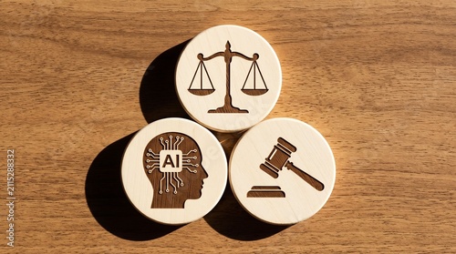Artificial Intelligence Law and Ethics Concept with Scales of Justice and Judge Gavel on Wood
